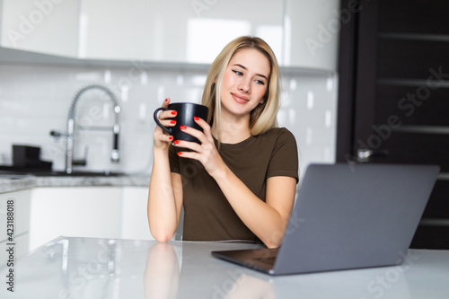 Young beautiful girl with a cup and a laptop at home