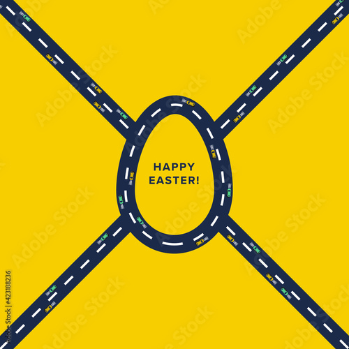 Original and Creative Happy Easter Card with the Road and Roundabout in the Shape of an Egg. Square Format. Vector Illustration. EPS10 with Layers.