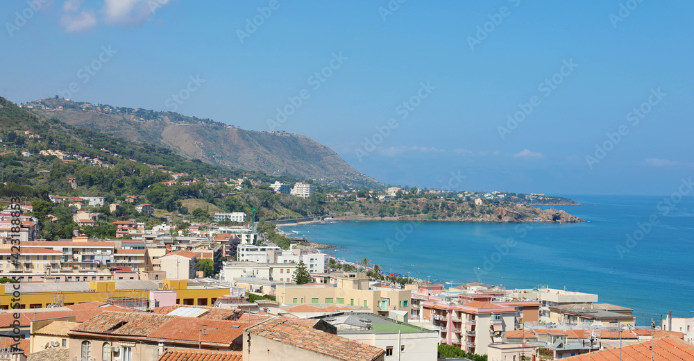 Panoramic view of Cefalu cityscape with Mediterranean sea, Sicily Island, Italy