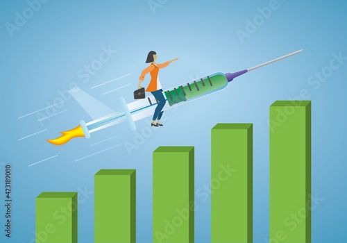 Hope and growth in business after pandemic. Woman flying on Corona virus vaccine syringe. Vector illustration. EPS10.