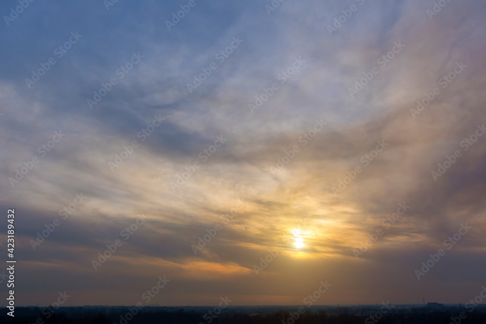 Gorgeous panorama early morning with lining cloud on the orange sky scenic of the strong sunrise