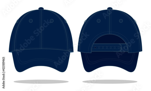 Blank navy blue baseball cap with adjustable snap back closure template on white background, vector file