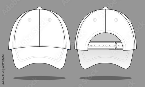 White baseball cap template with adjustable snap back closure vector on gray background.