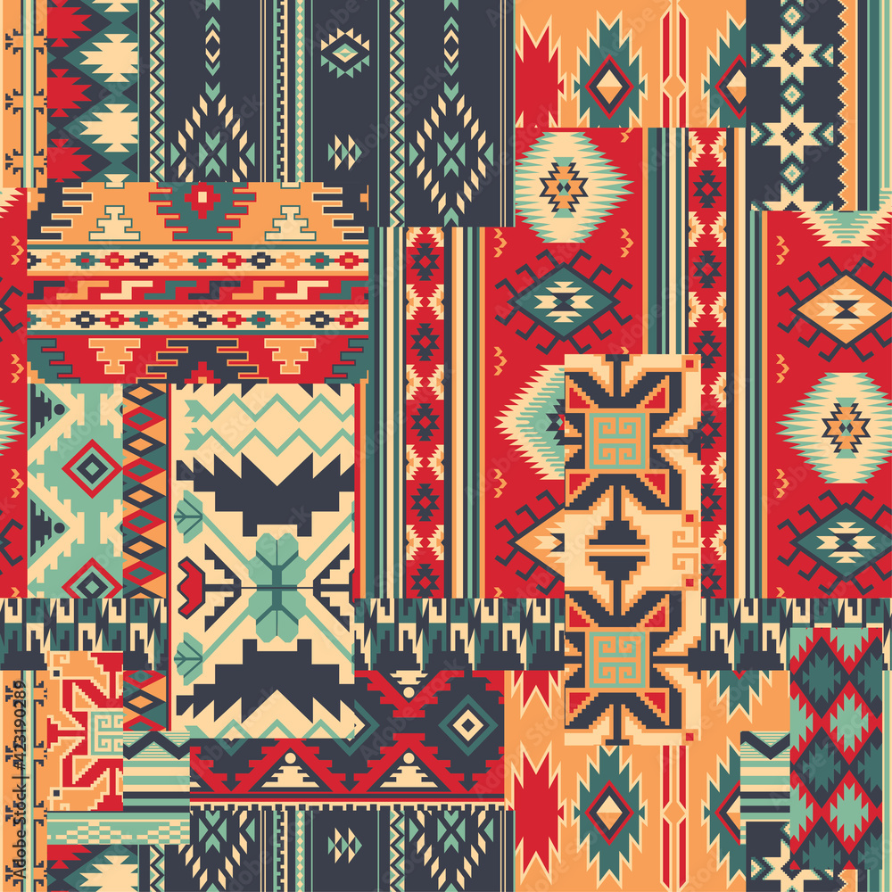 Traditional native American style fabric patchwork vector seamless pattern  - obrazy, fototapety, plakaty 