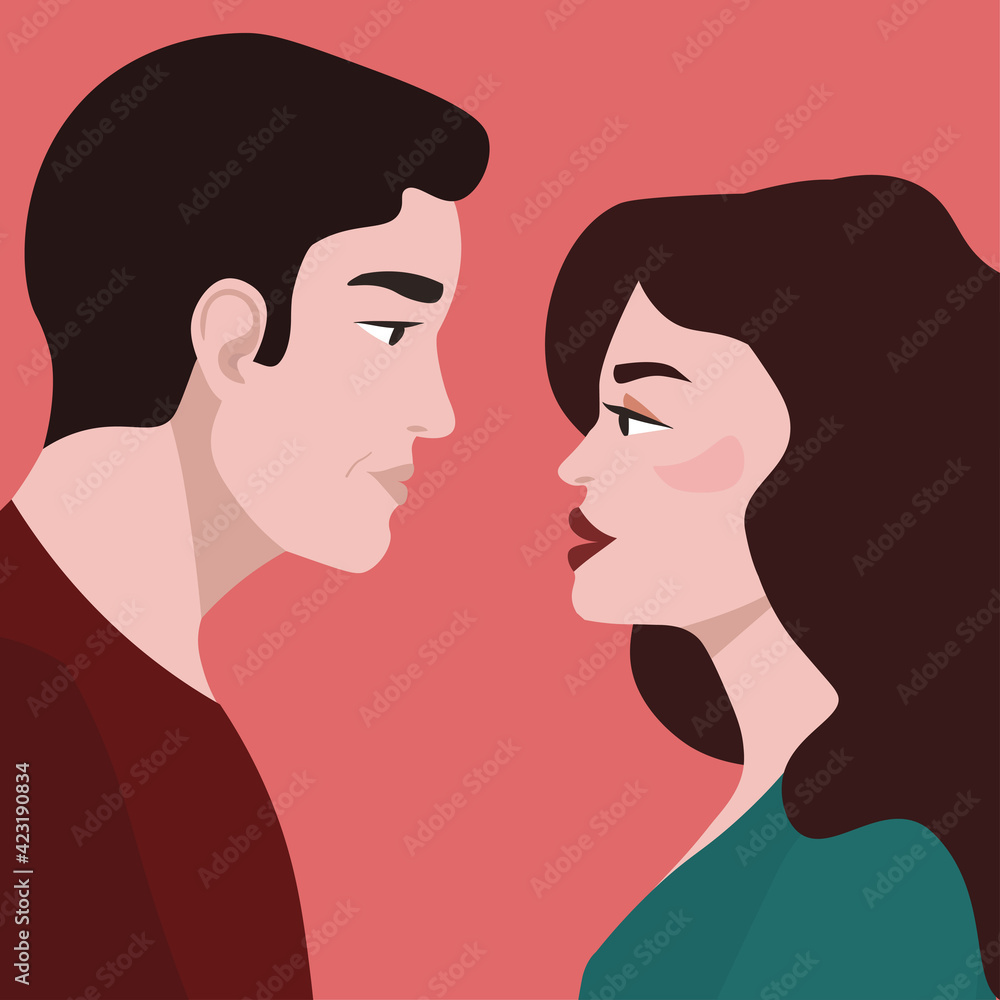 Portrait of a man and a woman, husband and wife. Male and female in profile look at each other in the eyes. The concept of relationships, psychology, and love between people of different sexes. Vector