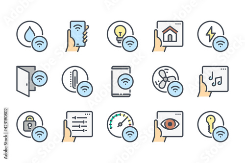 Smart house remote control color line icon set. Smart home network system and management linear icons. Indoor sensor and wireless technology colorful outline vector sign collection.