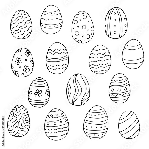 Set of Easter eggs. Doodle. Vector. Hand-drawn illustration. Coloring. Black and white outline. Silhouette.