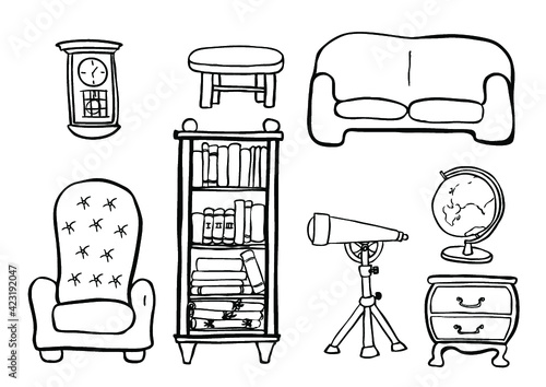 Ready to print vector coloring page of the furniture for library room with an armchair, globe, telescope, and other equipment