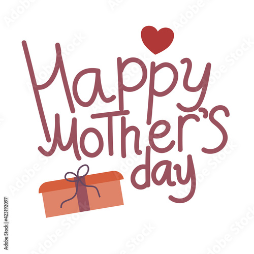 Mothers Day text greeting card. Greeting card template with heart, gift and happy mothers Day inscription Vector illustration in flat linear style, isolated on a white background