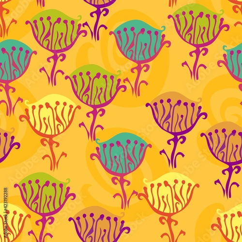 Bold And Vibrant Multicolor Fantasy Wildflower Repeat Pattern With Hot Cerise Pink, And Purple On Mustard Yellow