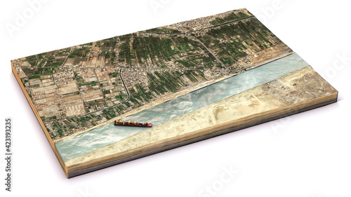 Satellite view of the Suez Canal. Reconstruction of the container ship stranded in the canal. Cargo ship wedged in Suez Canal causes traffic jam. Egypt. Ever Given. 3d render photo