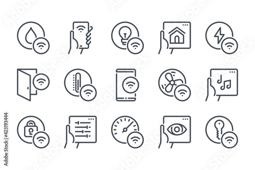 Smart house remote control line icon set. Smart home network system and management linear icons. Indoor sensor and wireless technology outline vector sign collection. photo