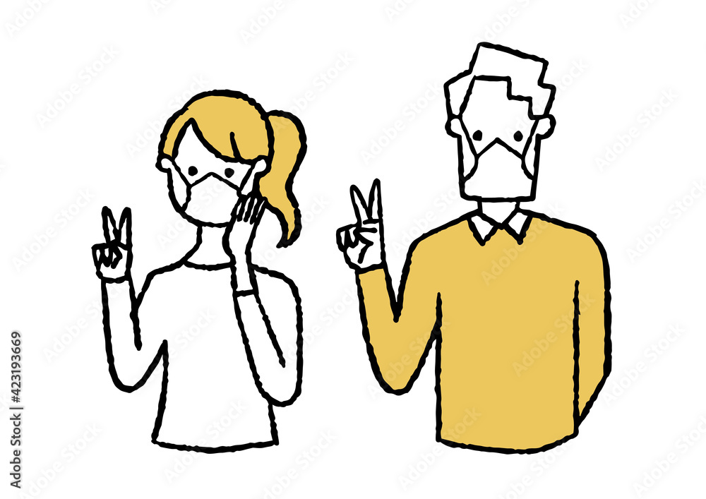 ピースサインしている男女2人_マスク01 ピースサインしている男女2人_マスク01