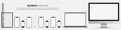 Computer monitor, laptop, tablet, smartphone and smart watch with blank screen. Mockup of screen device