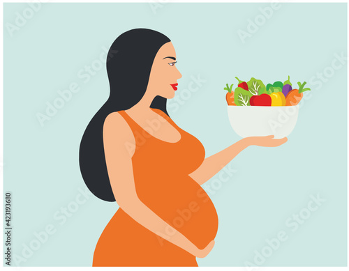 Pregnant woman eating healthy food vector illustration 