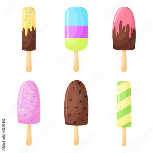 Ice cream set in flat style. Collection of vector ice cream on a stick. Illustration isolated on white background. Chocolate ice cream, sprinkled, popsicles
