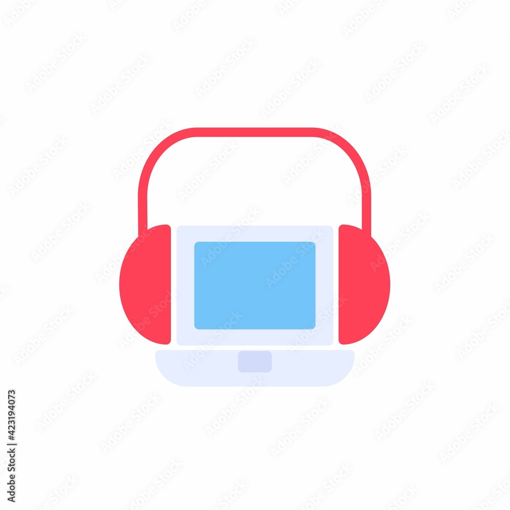 Laptop headphone icon in flat icon style. Vector flat illustration Laptop headphone icon in flat icon style. Vector flat illustration