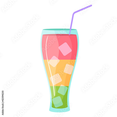 Vector illustration of a summer cocktail in cartoon style. Sweet bright striped drink with ice. Alcoholic drink. Isolated on white background
