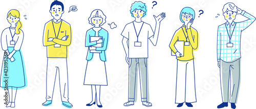 ビジネスパーソン　困った表情　男女6人全身　セット