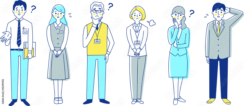 ビジネスパーソン　困った表情　男女6人全身　セット