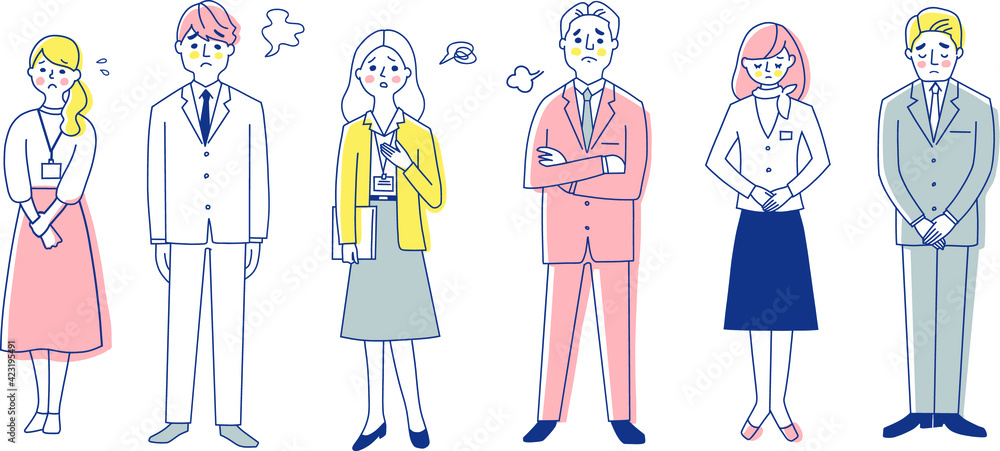 ビジネスパーソン　困った表情　男女6人全身　セット