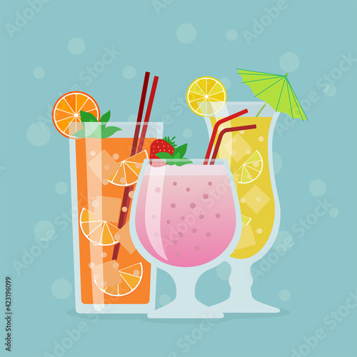 Cocktails or cold drinks on blue background. Vector illustration.