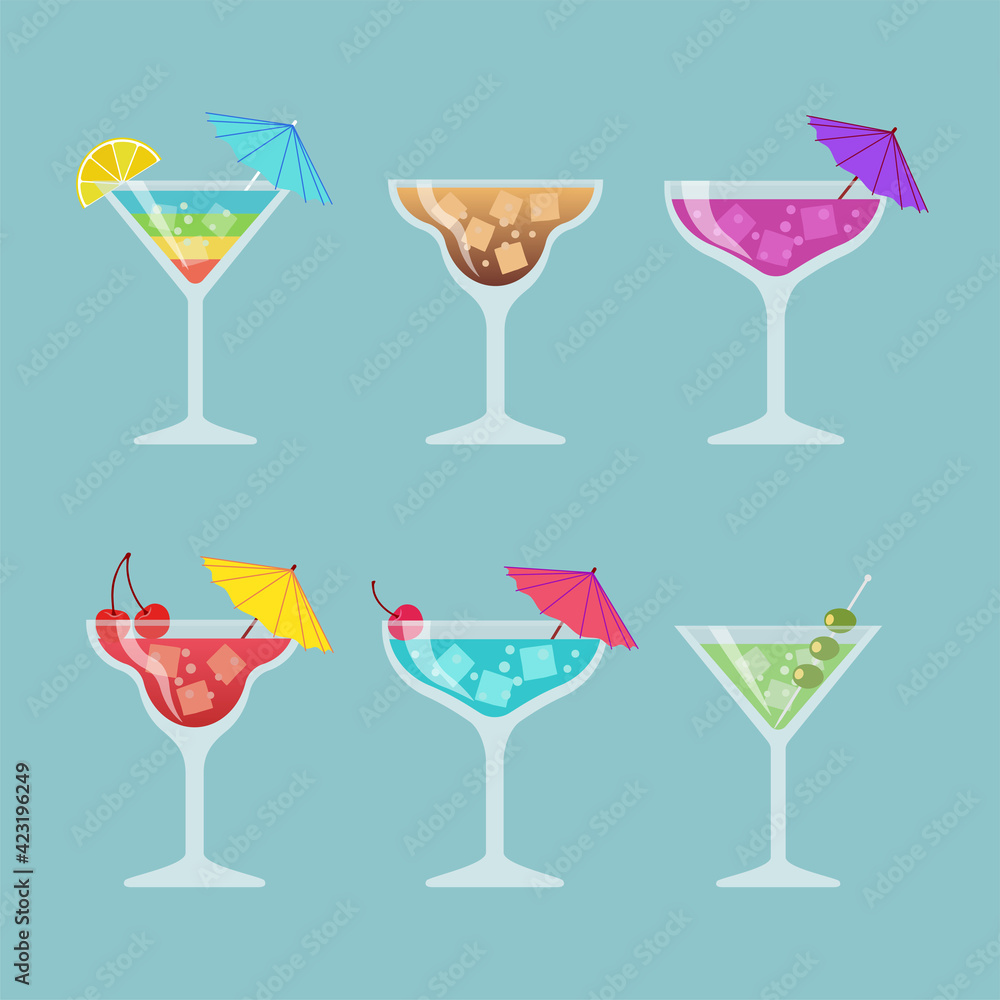 Set of different drinks and cocktails on blue background. Vector illustration.