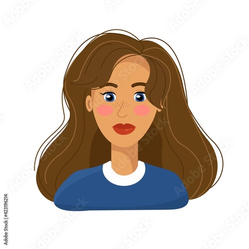 ..Cute portrait of a girl with blue eyes, pink cheeks,vector character in flat style, avatar for a girl.