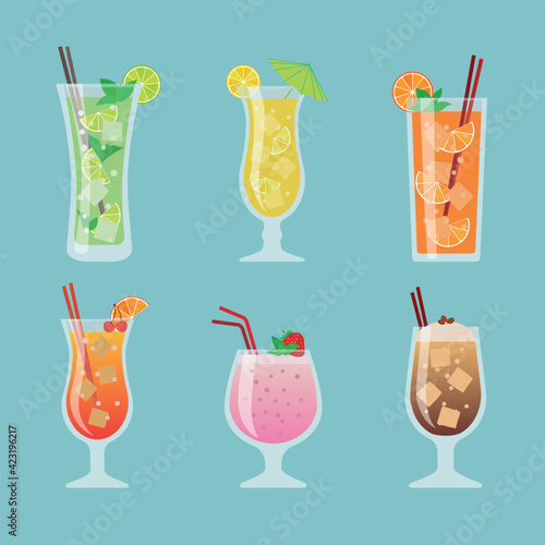 Set of different drinks and cocktails on blue background. Vector illustration.