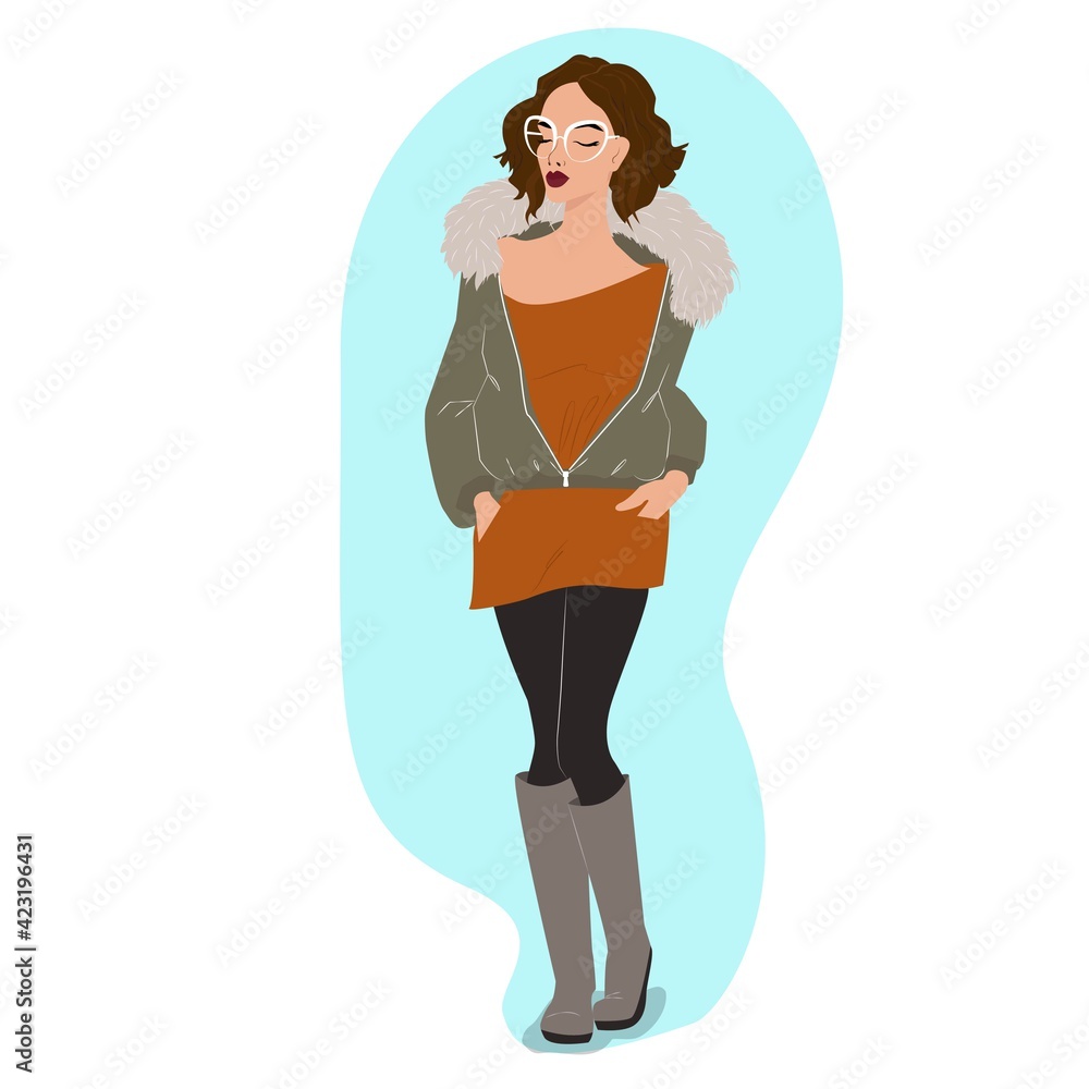 Stylish girl in a green down jacket with a bag, fashionable hairstyle, coral scarf and gloves scarf, white glasses, blue jeans with abrasions, vector fashion illustration. Stylish girl in a green down jacket with a bag, fashionable hairstyle, coral scarf and gloves scarf, white glasses, blue jeans with abrasions, vector fashion illustration.