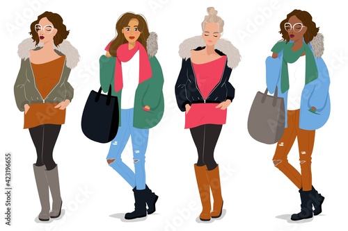 Cute female characters in autumn and winter clothes, 4 fashionable girls fashion illustration, Vector in iflet style.