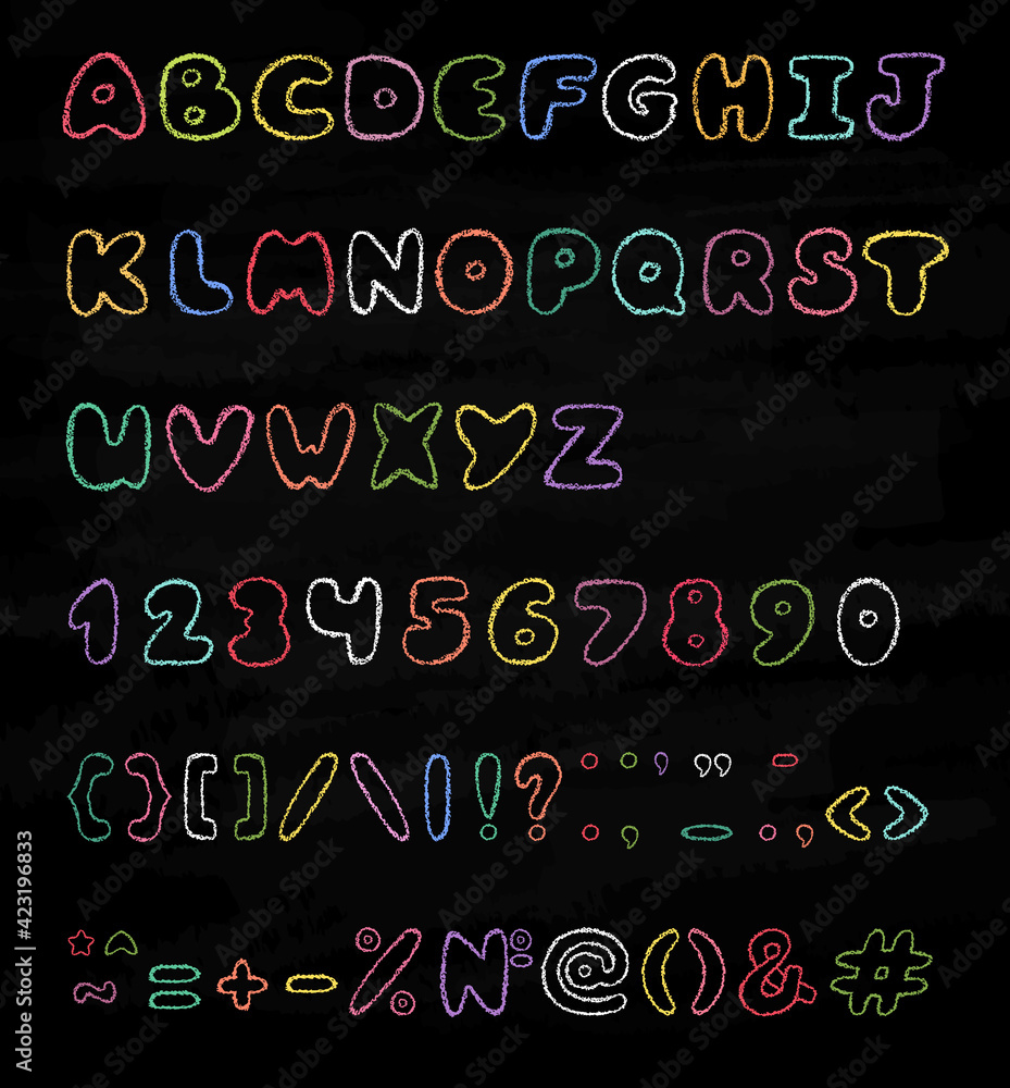 Chalk font. Crayons alphabet set. Chalk numbers, crayon signs