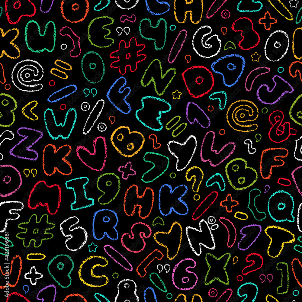 Chalk font pattern. Crayons alphabet print. Hand drawn wax crayons font