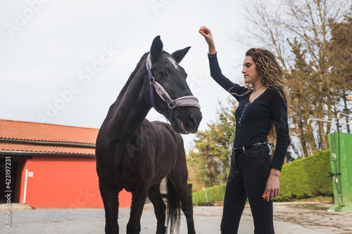 Young caucasian woman with a horse in a equestrian centre