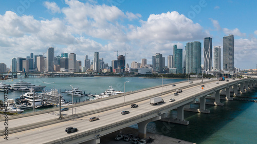 Aerial MacArthur Causeway Bridge in Miami, Florida