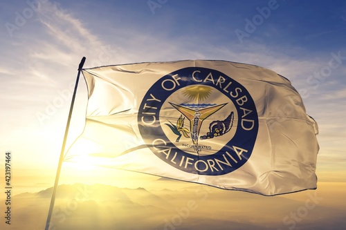 Fényképezés Carlsbad of California of United States flag waving on the top