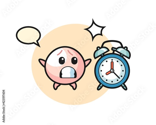 Cartoon Illustration of meat bun is surprised with a giant alarm clock