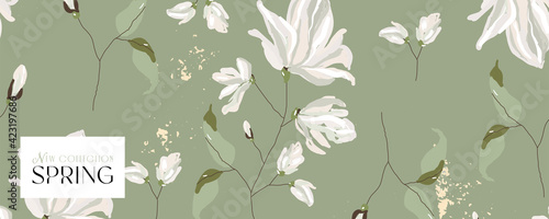 floral spring  social media header or banner for advertising with chic magnolia flower pattern on green dusty background