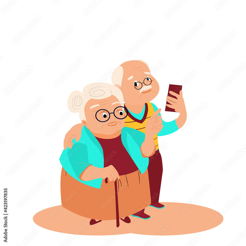 Cartoon cute Grandmother and grandfather calling to someone by smart phone together. Grandparents. Elderly couple. A Old man with grey hair, mustache and a woman wearing glasses.Vector flat design.