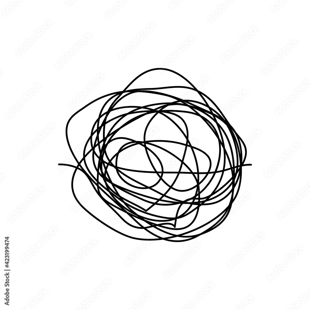 Chaotic line. Complicated way with scribbled round element. Pass way linear. Chaos symbol. Vector illustration isolated on white background. Chaotic line. Complicated way with scribbled round element. Pass way linear. Chaos symbol. Vector illustration isolated on white background.