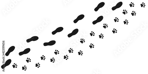 Traces of a man and a dog. Stroll. Walking your pet. Vector illustration