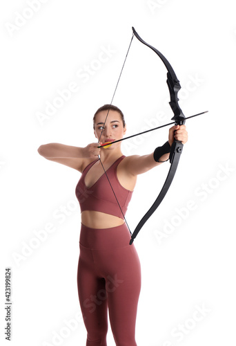 Canvas Print Woman with bow and arrow practicing archery on white background