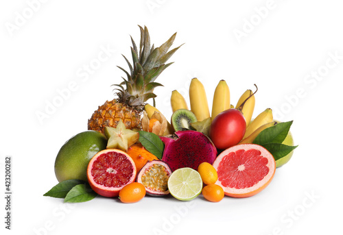 Fototapeta Naklejka Na Ścianę i Meble -  Different ripe exotic fruits on white background