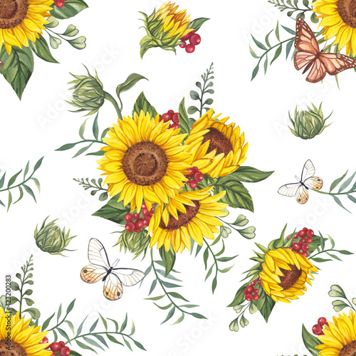 Watercolor pattern with sunflower bouquets and butterflies on a white background. It will look amazing on the fabric and not only. 