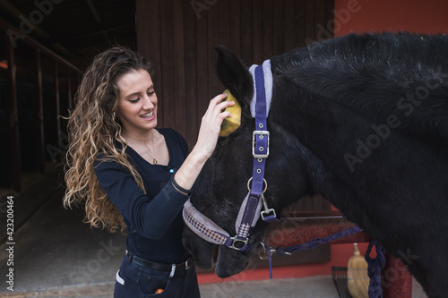 Young caucasian woman cleaning and preparing a horse.