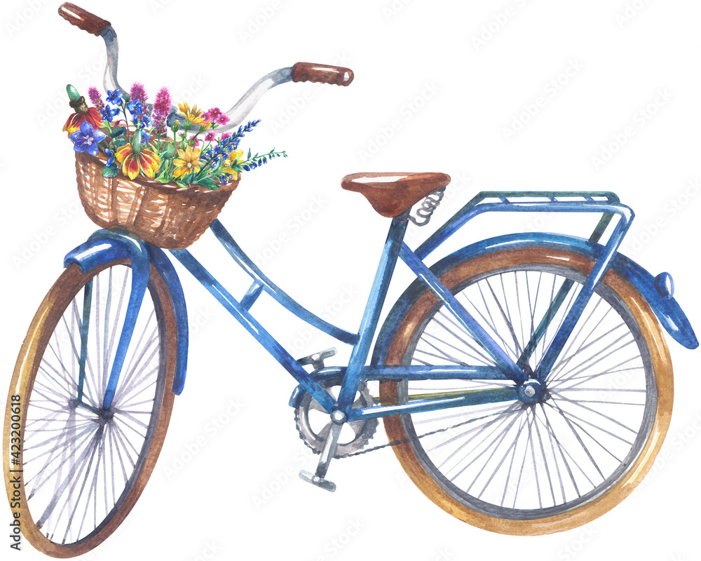 Blue women's bicycle with a basket and wildflowers