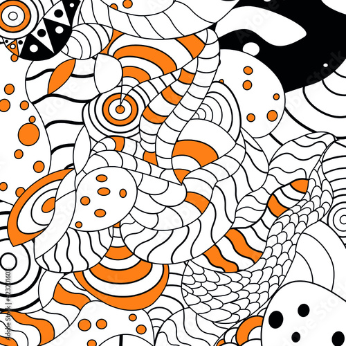 Abstract vector background. Orange, black and white cartoon doodle ornament with waves, lines and dots.