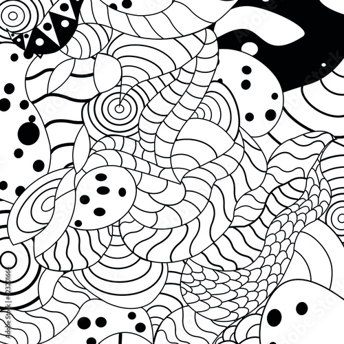 Abstract vector background. Black and white cartoon doodle ornament with waves, lines and dots.