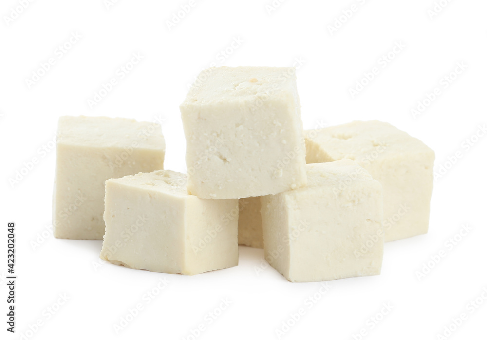 Pieces of delicious tofu on white background. Soybean curd Pieces of delicious tofu on white background. Soybean curd