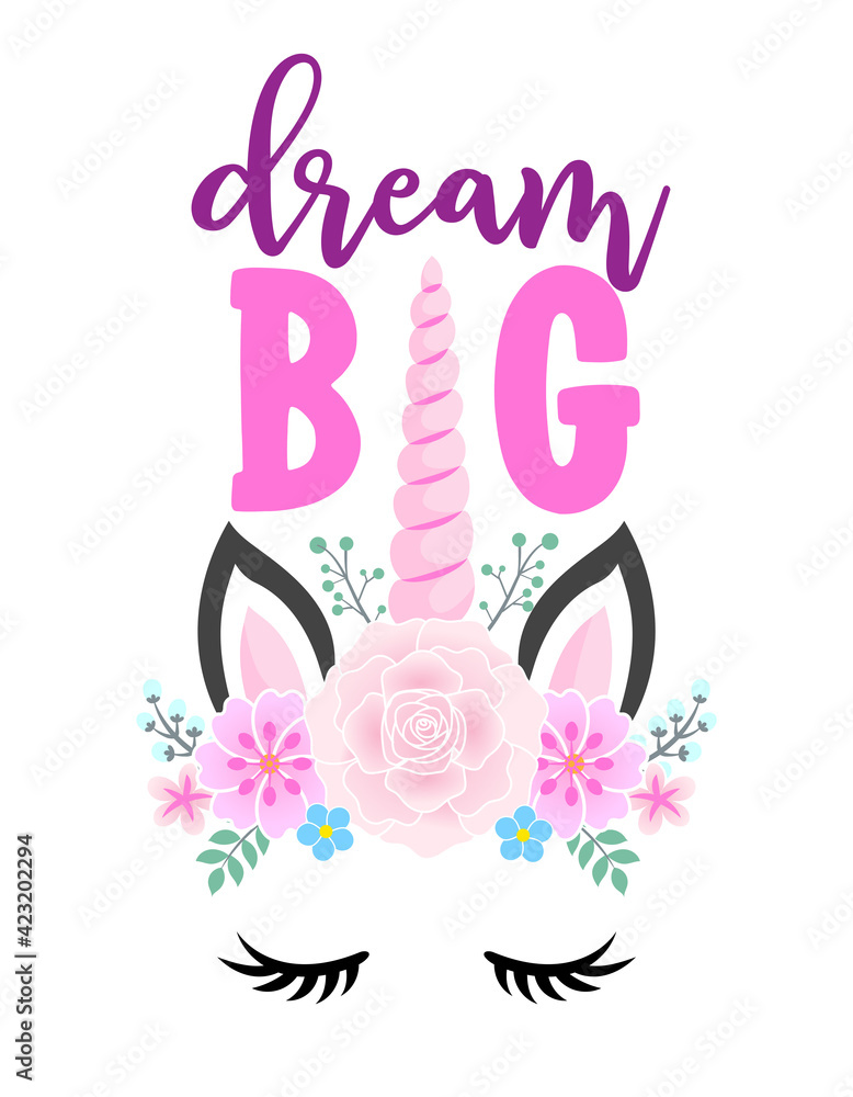 Dream big - funny vector quotes and unicorn drawing in nordic style. Lettering poster or t-shirt textile graphic design. Cute unicorn character illustration. Nursery room decoration.